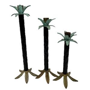 3 Vintage Palm Tree Leaf Brass & Metal Graduated Candlesticks with Verdigris